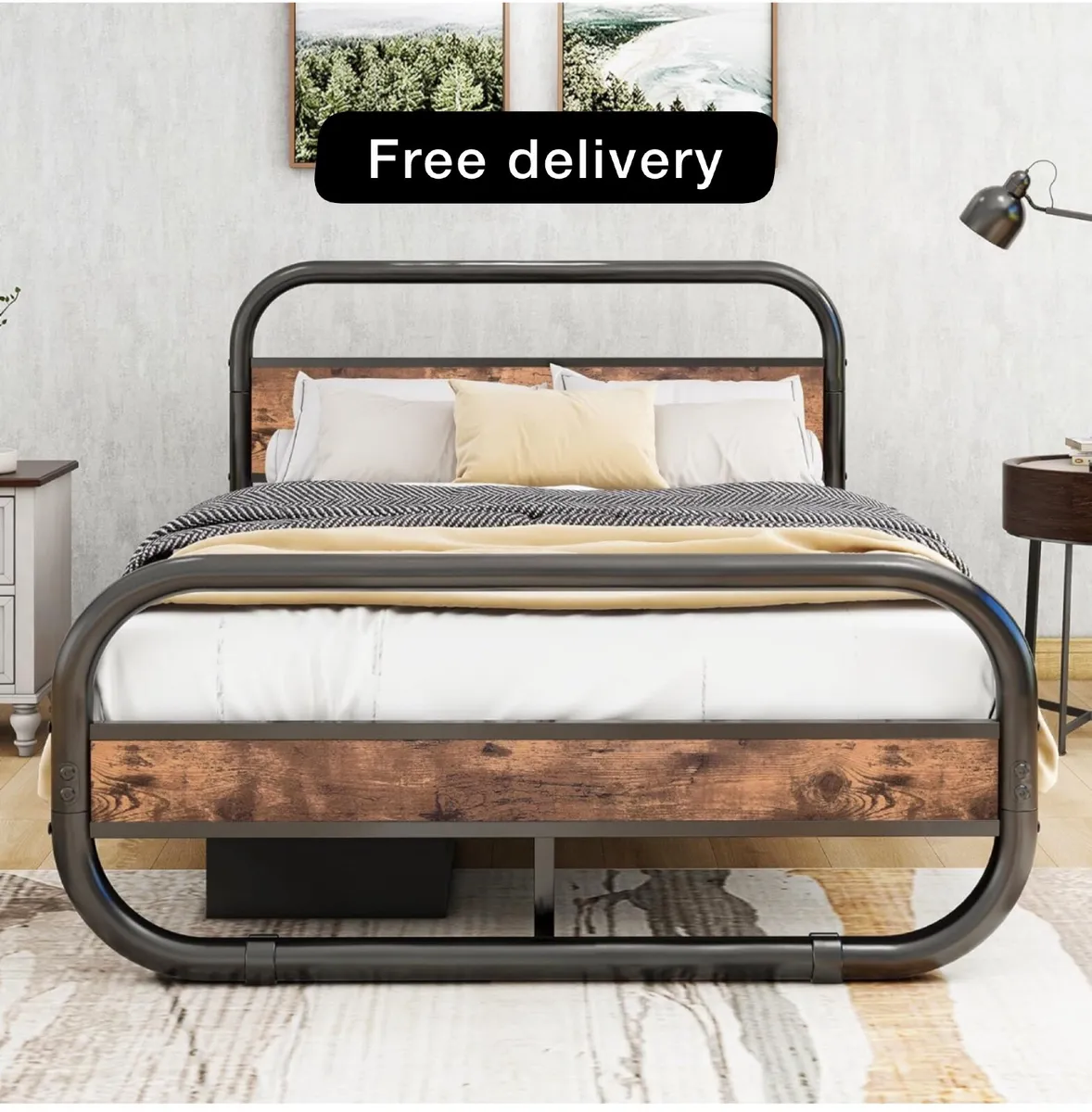 King Size Bed Frame with Storage Wooden Headboard - Image 1