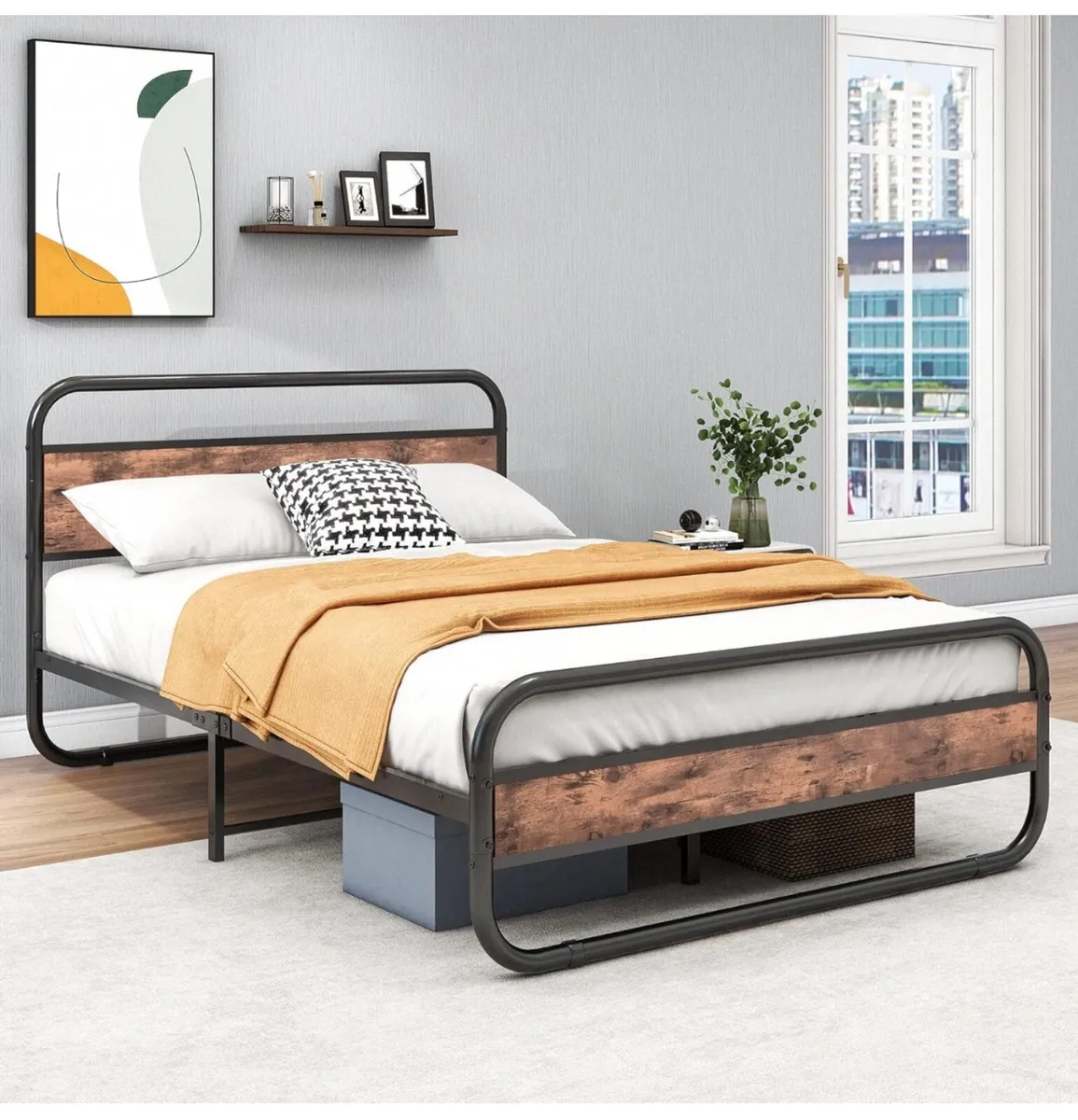 King Size Bed Frame with Storage Wooden Headboard - Image 1