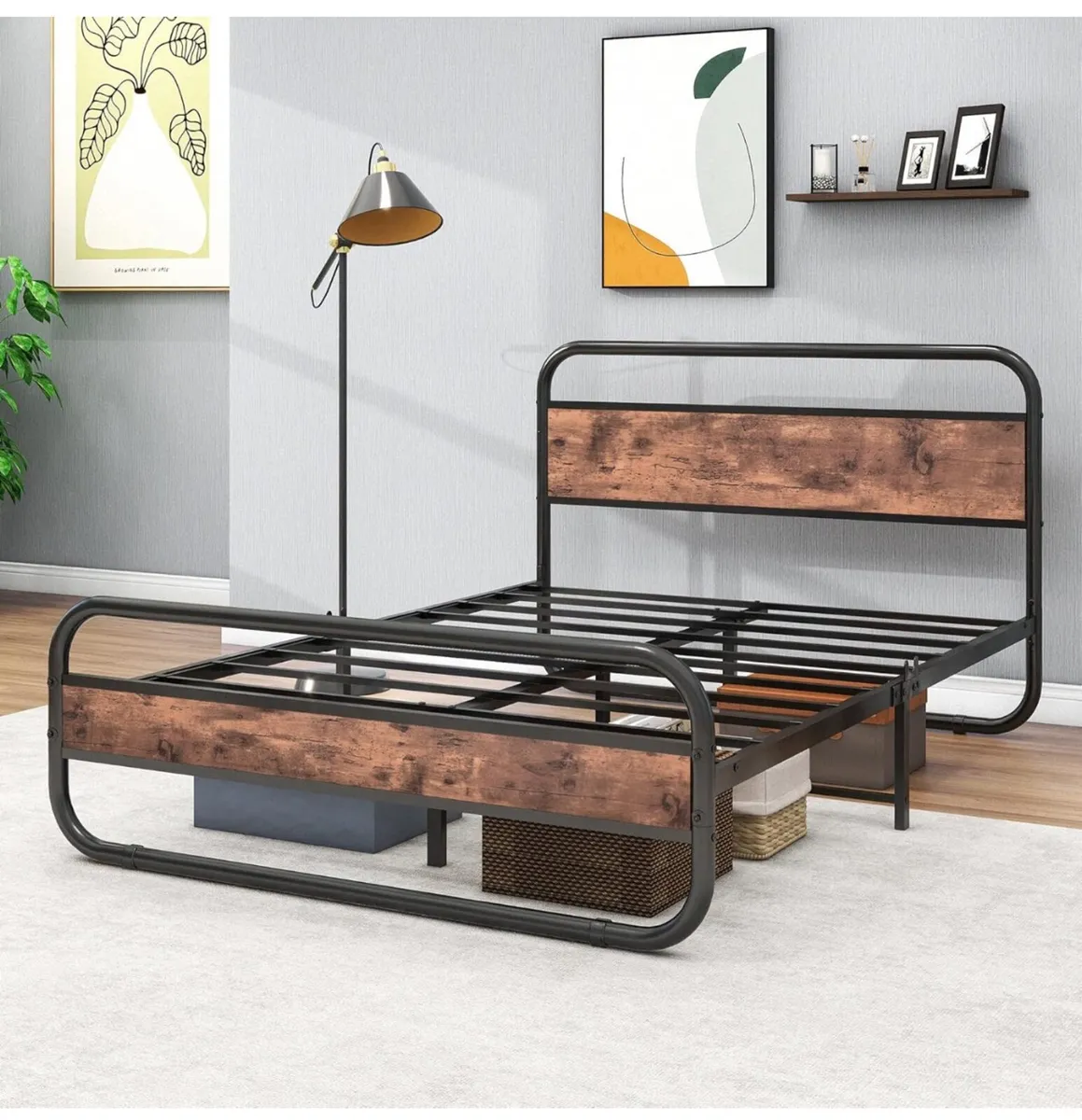 King Size Bed Frame with Storage Wooden Headboard - Image 3