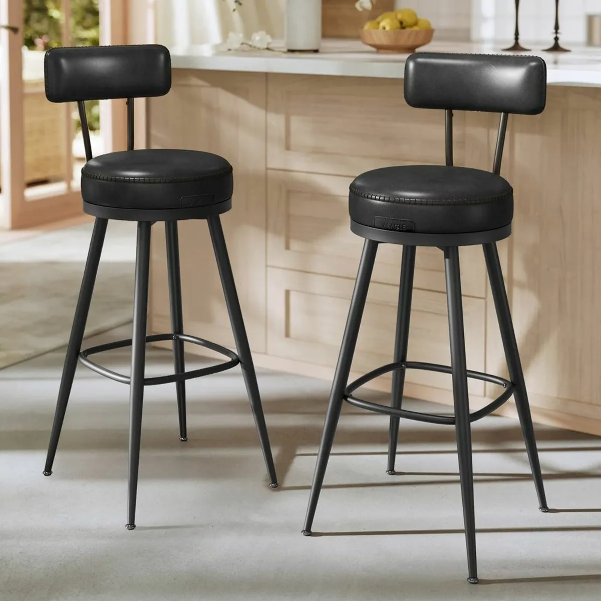 Set of 2 Forest Green or Black Swivel Bar Stools F - Image 1