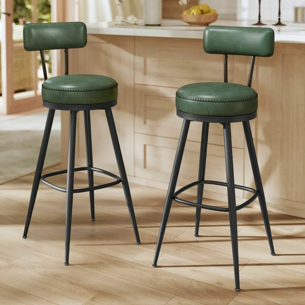 Set of 2 Forest Green or Black Swivel Bar Stools F - Image 1