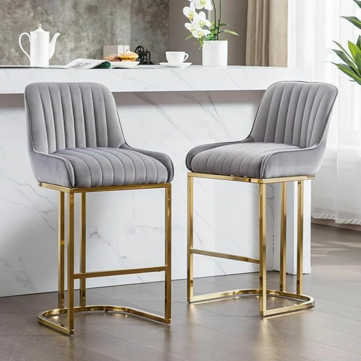 Luxury Velvet Bar Chairs (Set of 2) – Cushioned Br - Image 1