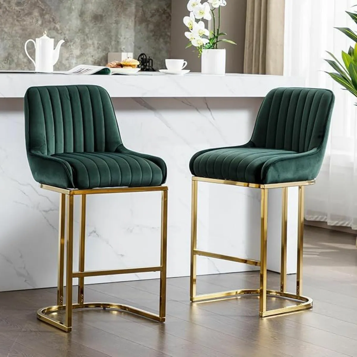 Luxury Velvet Bar Chairs (Set of 2) – Cushioned Br - Image 4