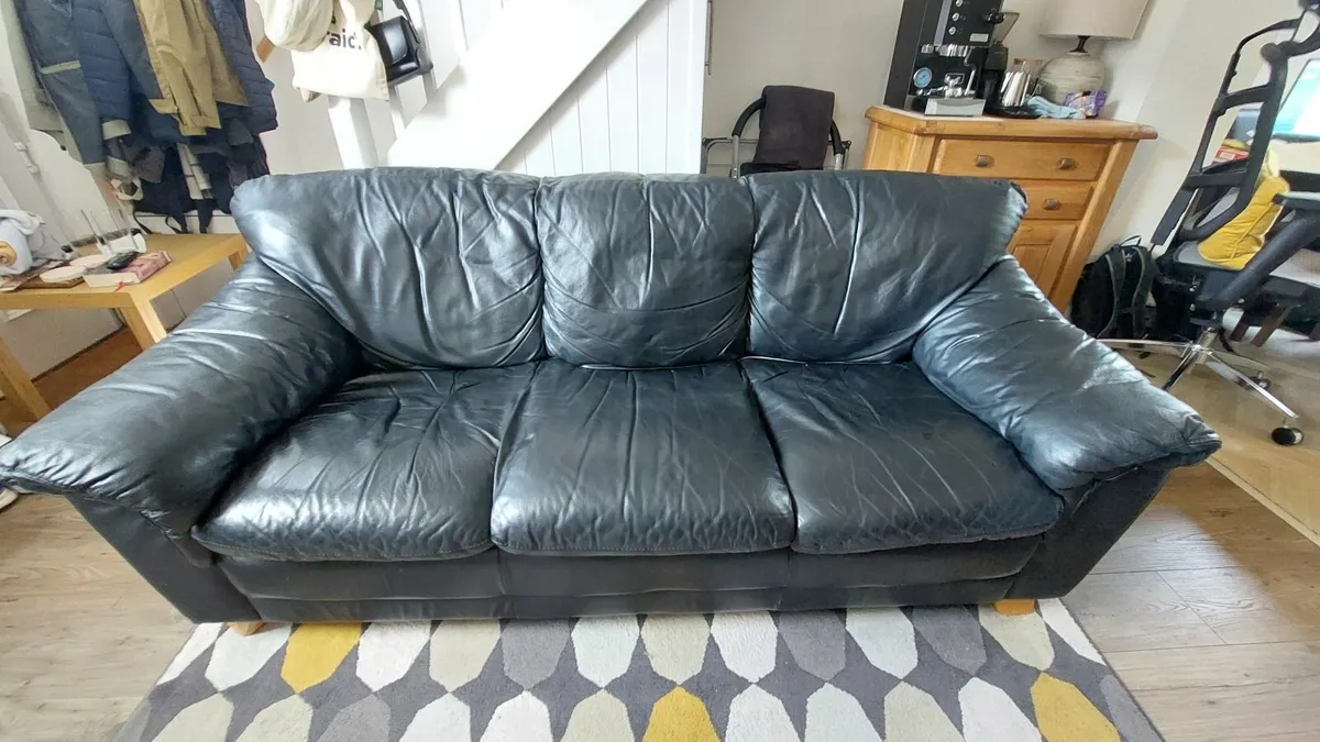 Black leather 3-seater sofa - Image 2