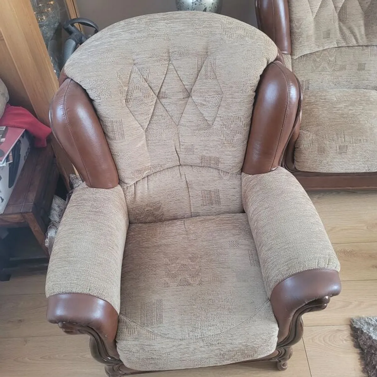3 seater + 2 armchairs Italian leather and fabric - Image 1
