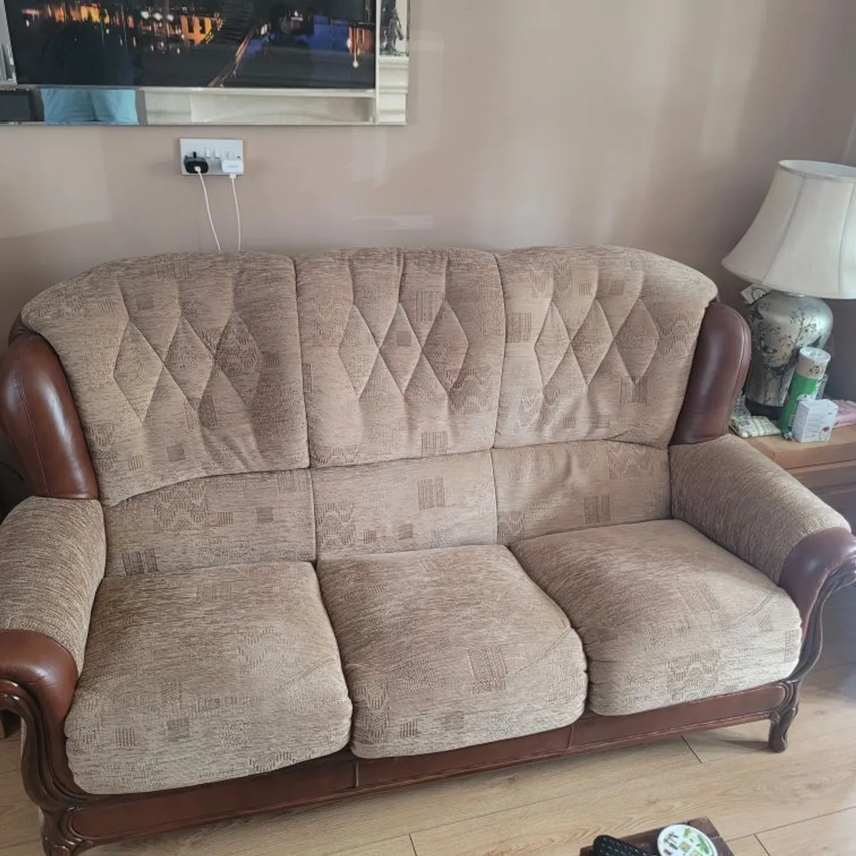 3 seater + 2 armchairs Italian leather and fabric - Image 2