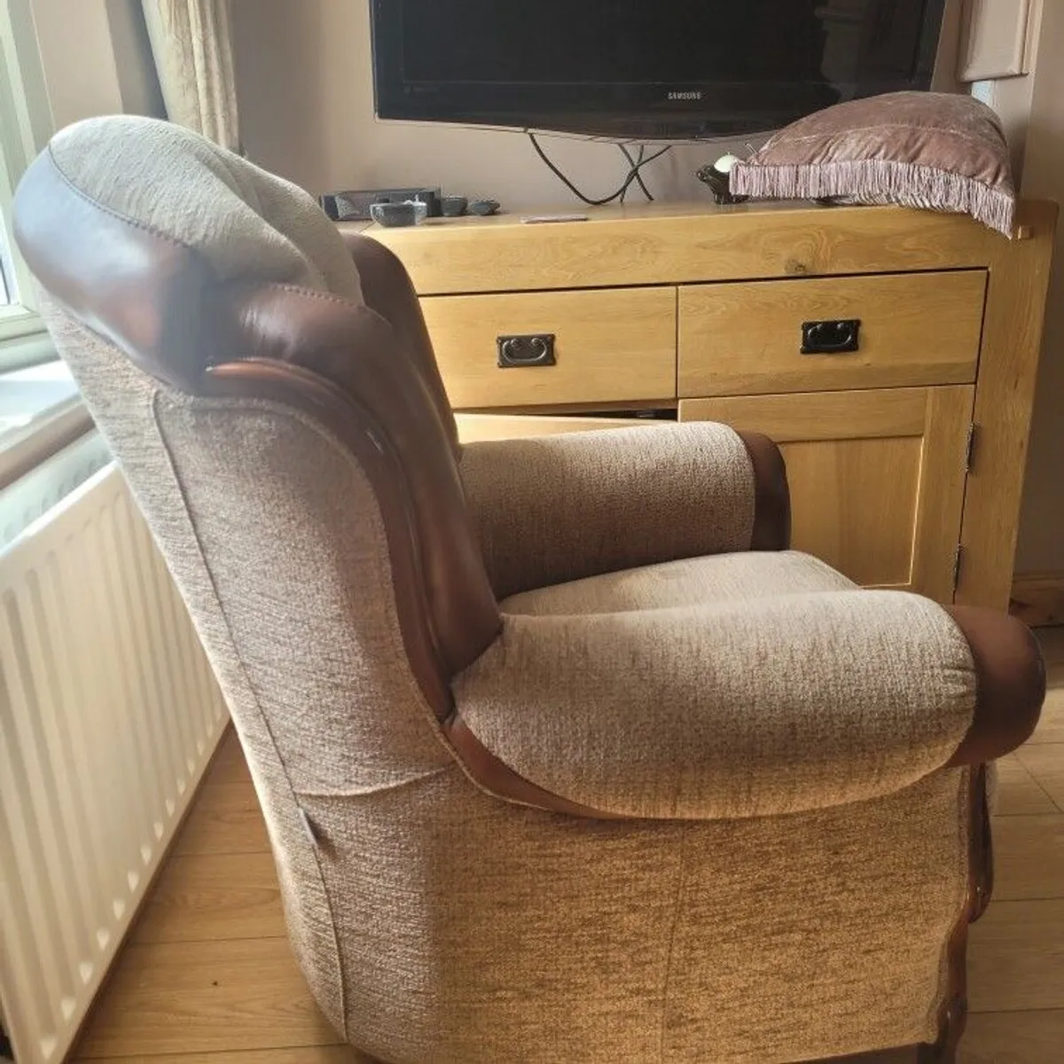 3 seater + 2 armchairs Italian leather and fabric - Image 3