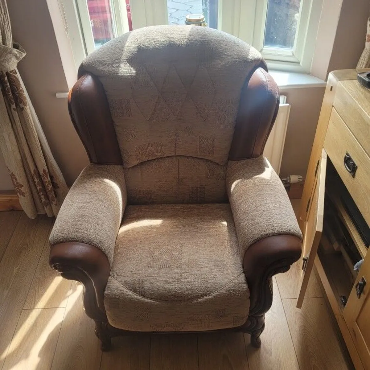 3 seater + 2 armchairs Italian leather and fabric - Image 4