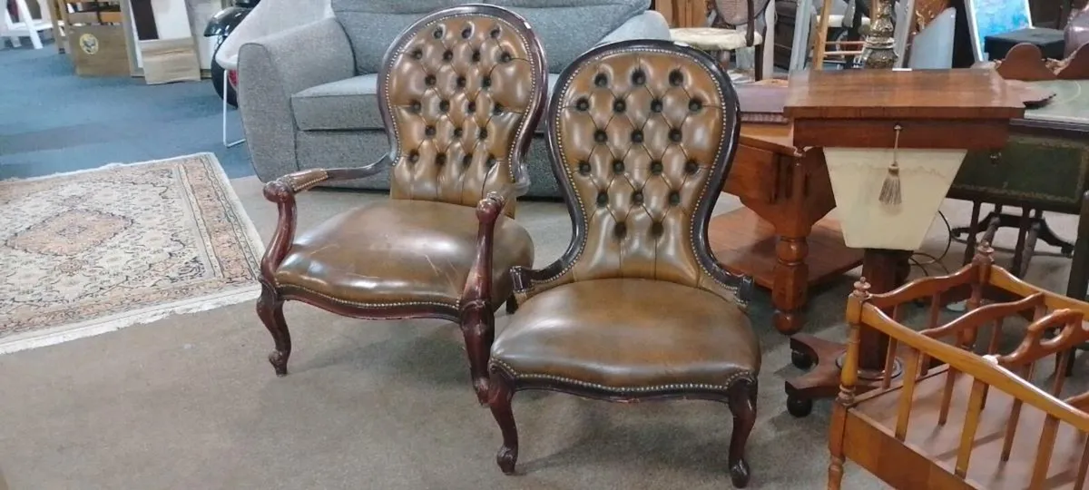 Pair Of Antique Leather Bedroom Chairs - Image 1