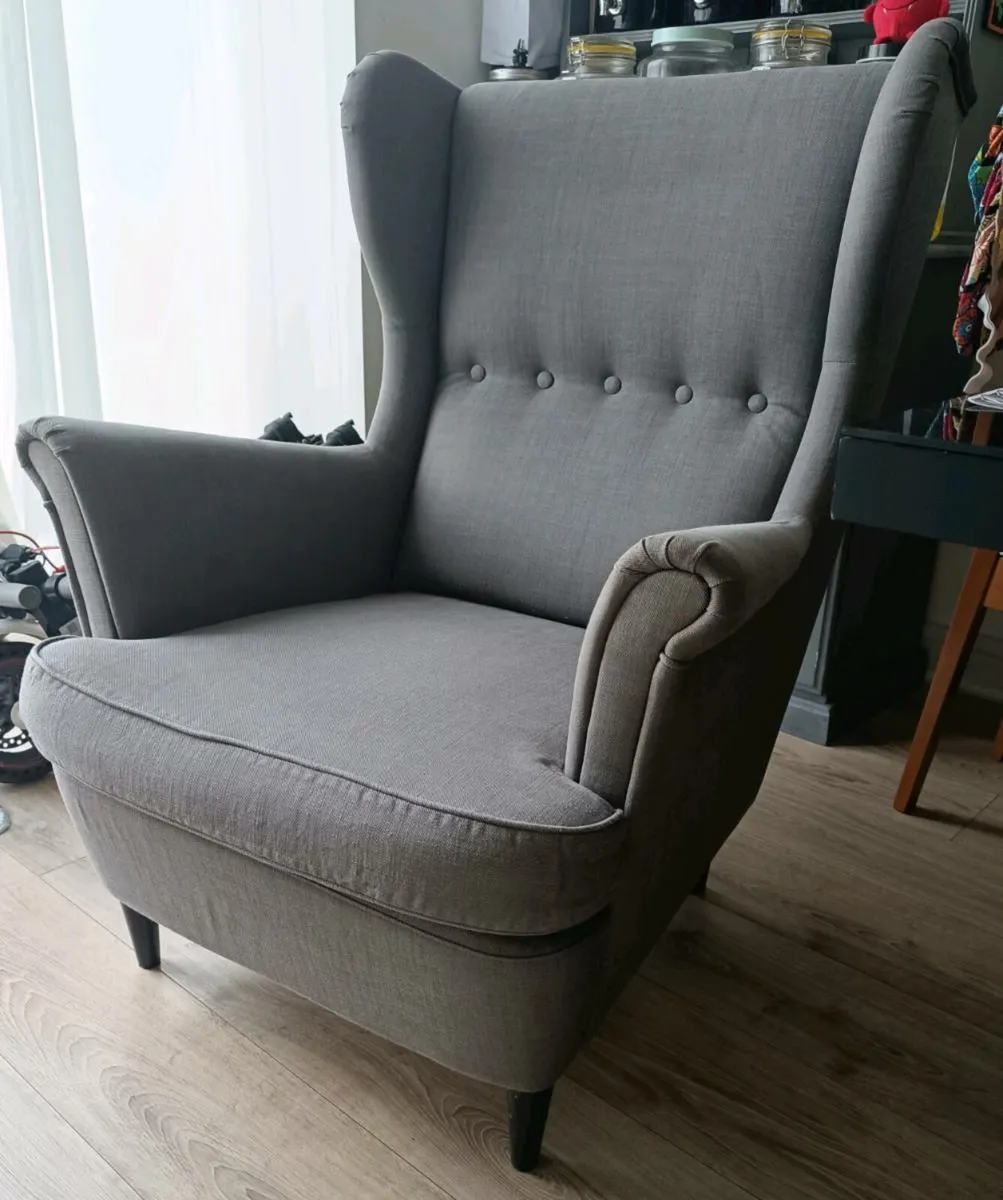 STRANDMON - Wing chair, Nordvalla dark grey - Image 1
