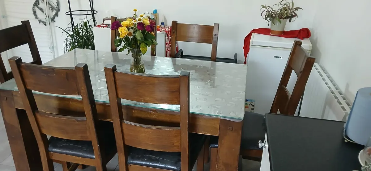 Antique hard wood collection of a table and chairs - Image 1