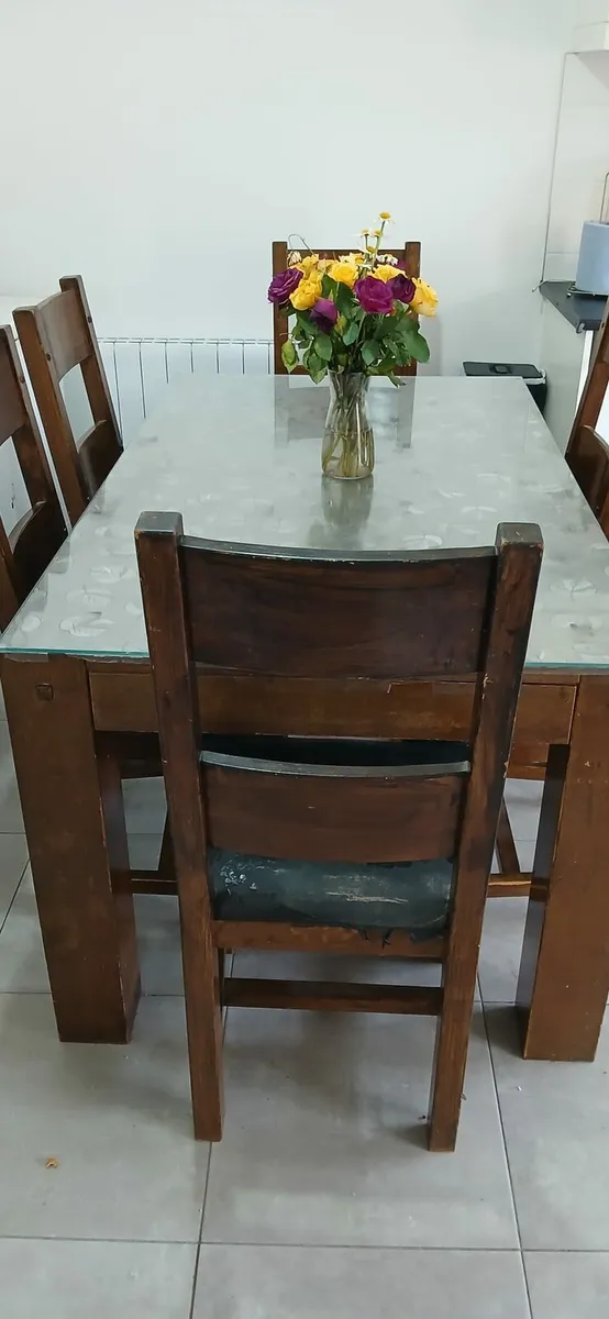 Antique hard wood collection of a table and chairs - Image 3