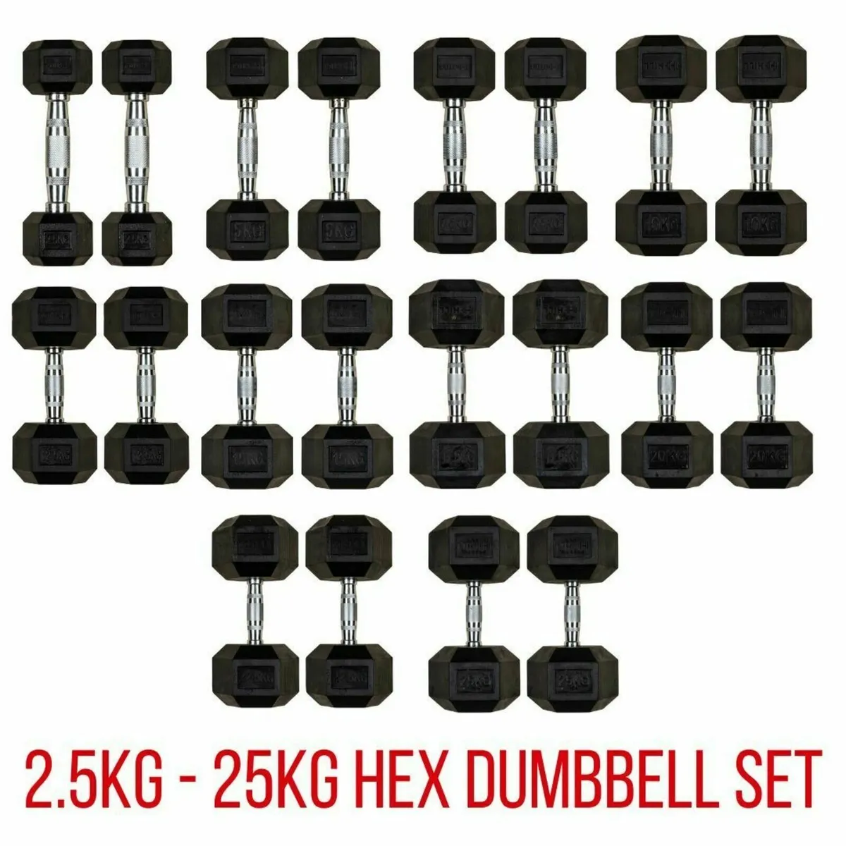 Rubber Hex Dumbbell Set 2.5kg - 25kg - Weights Gym - Image 1