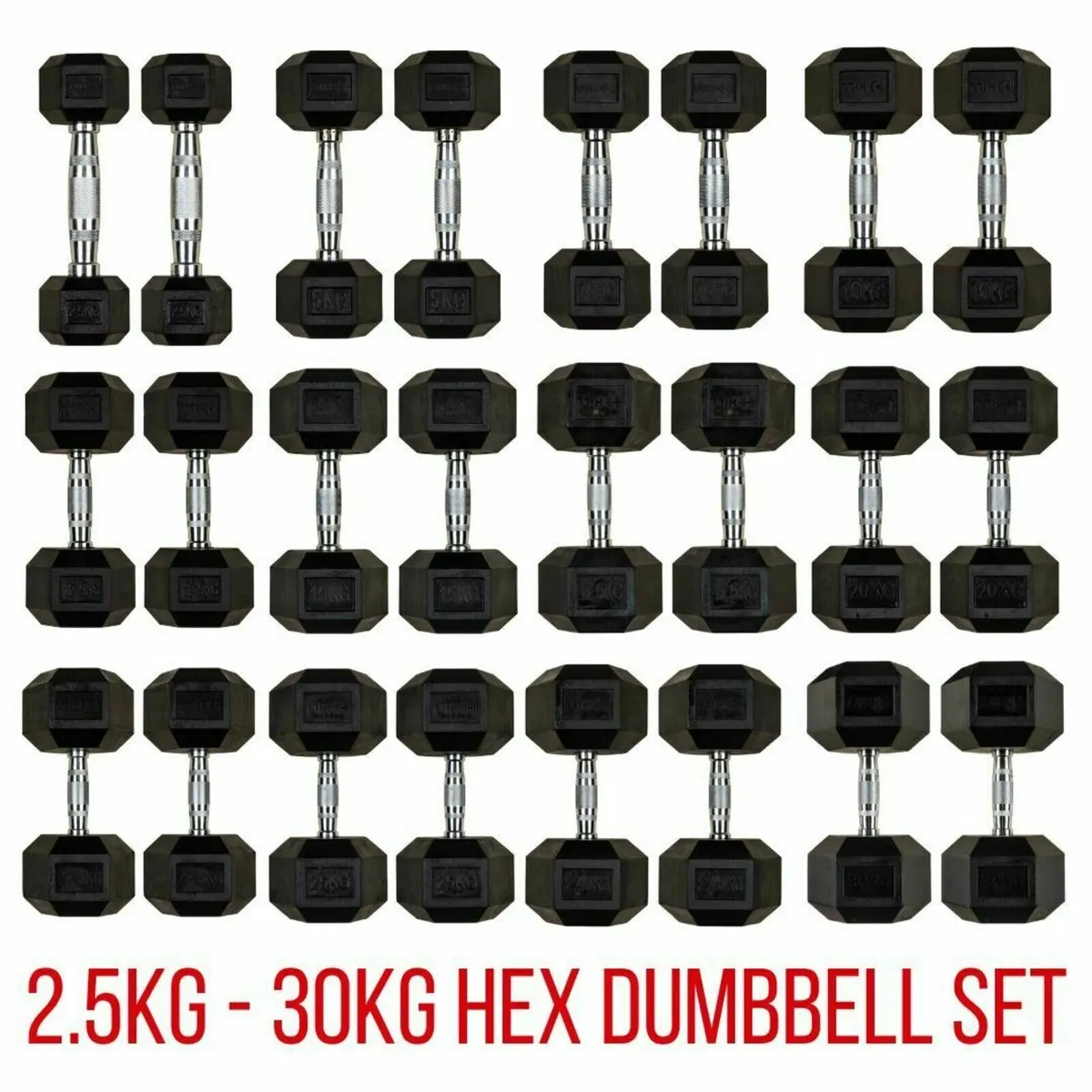 Rubber Hex Dumbbell Set 2.5kg - 30kg - Weights Gym - Image 1