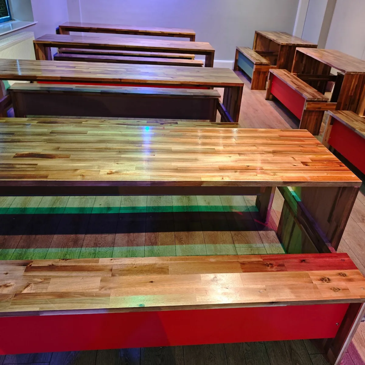 Large Wooden Tables with seating x 10 - Image 1