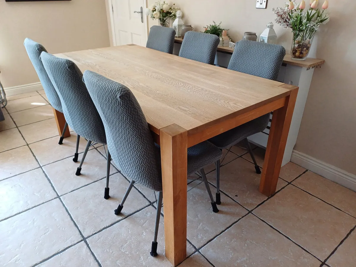 Oak Kitchen Table + 6 Grey Chairs - Image 1