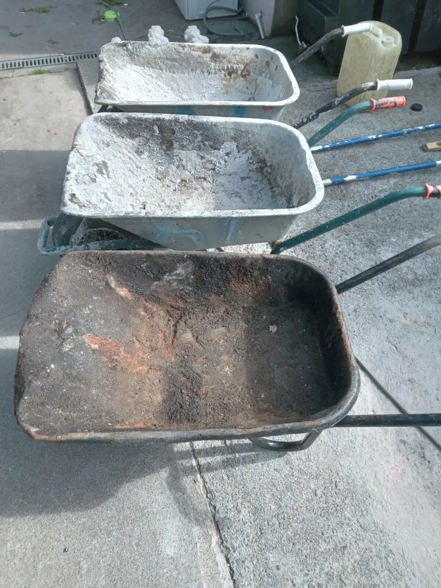 3 wheel barrows and concrete rakes - Image 2