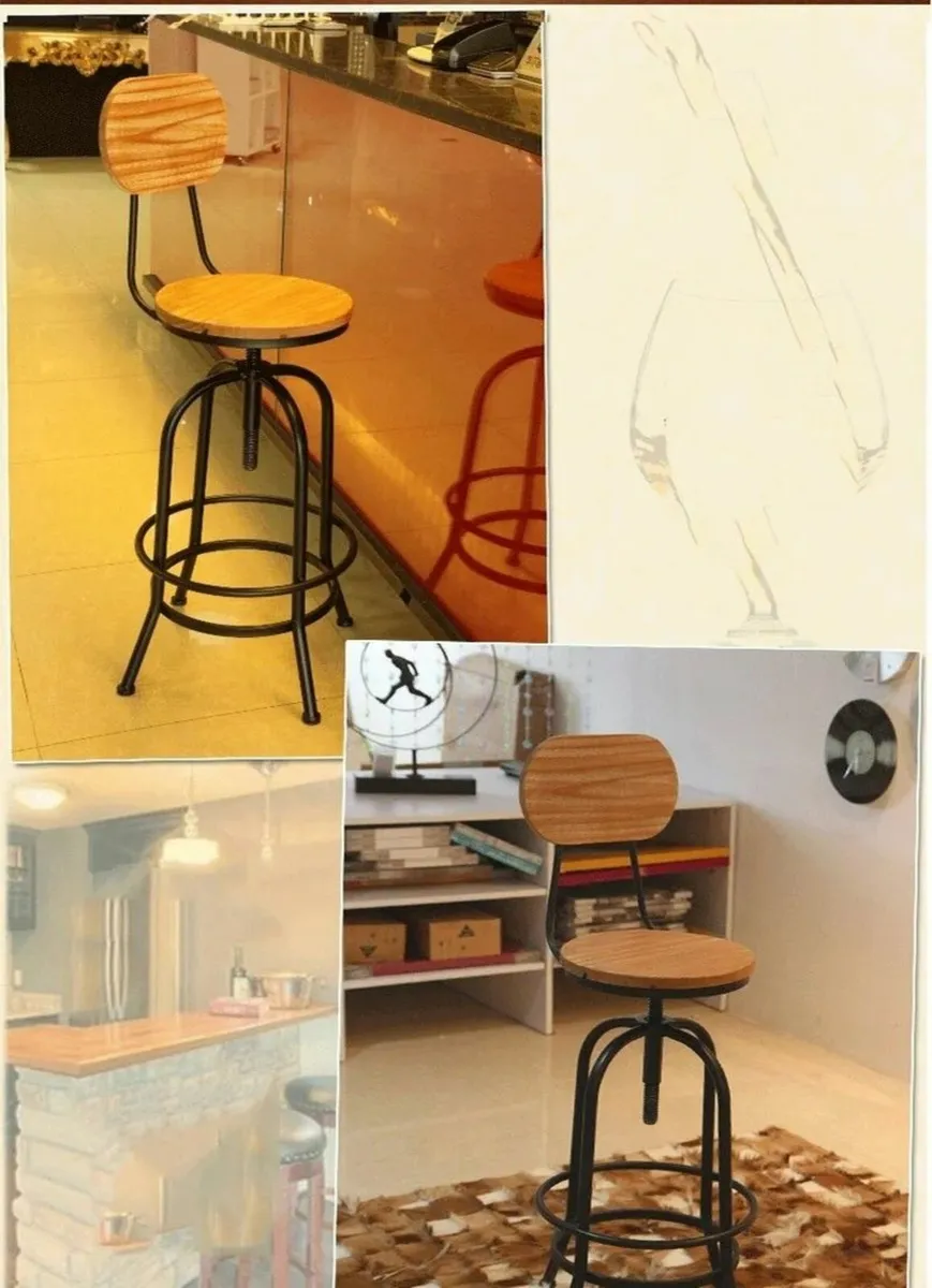 Swivel Bar Stool Adjustable Retro Pinewood Iron - Image 3