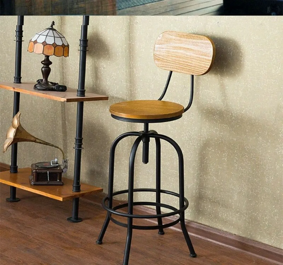 Swivel Bar Stool Adjustable Retro Pinewood Iron - Image 4