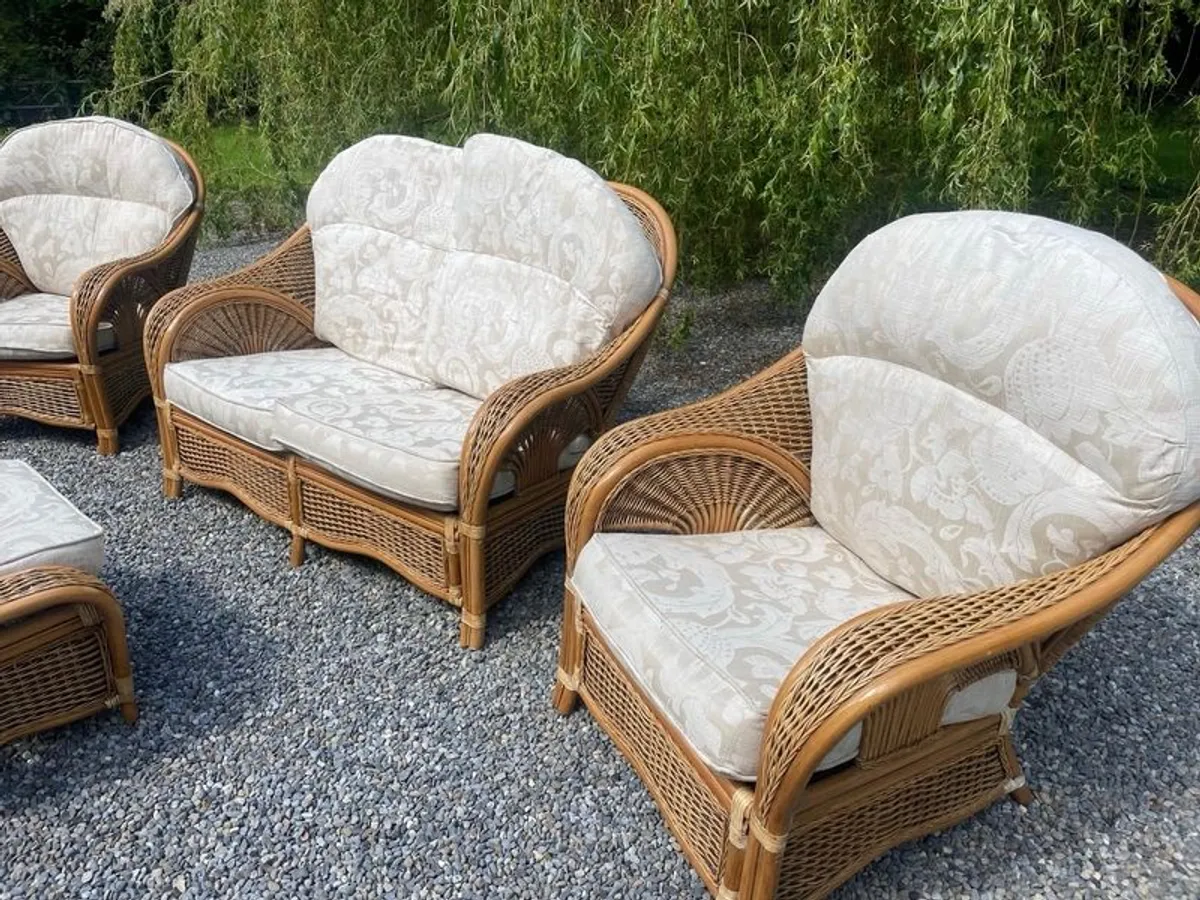 Wicker 2 person sofa and 2 armchairs and foot rest - Image 3