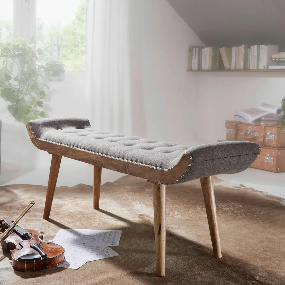 Chesterfield Upholstered Fabric Bench with Solid W - Image 3