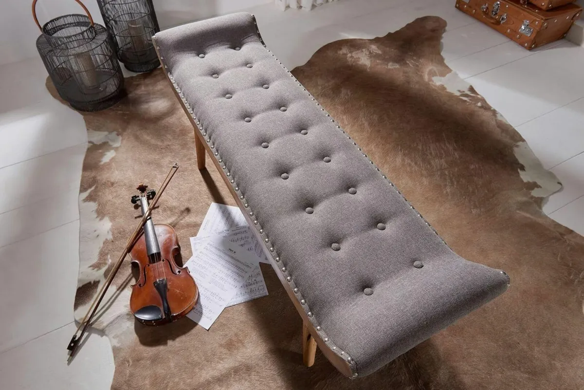 Chesterfield Upholstered Fabric Bench with Solid W - Image 4