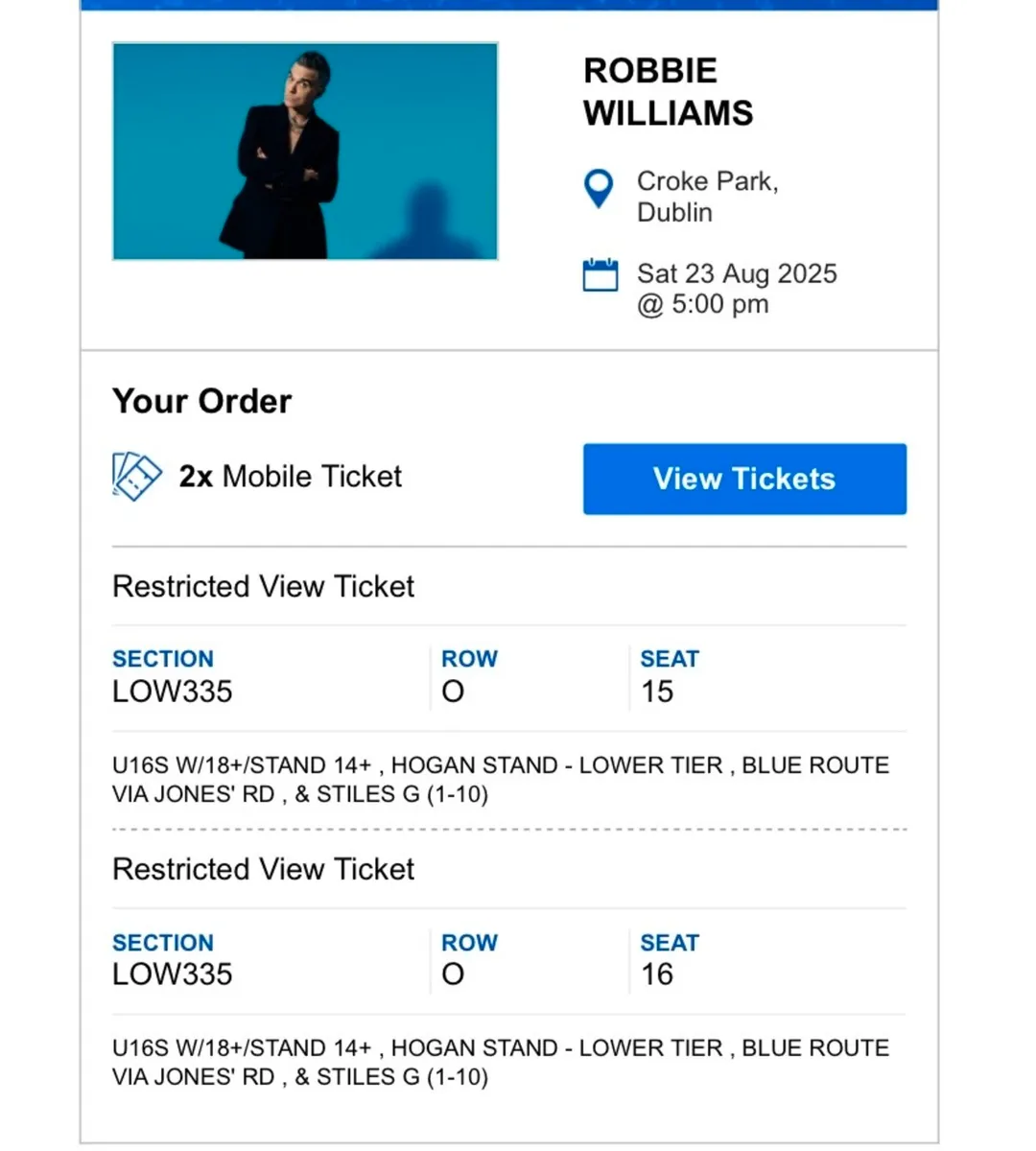 Robbie Williams tickets x 2