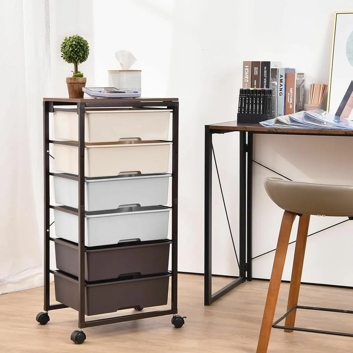 Rolling Storage Cart 6-Drawer with Wooden Tabletop - Image 2