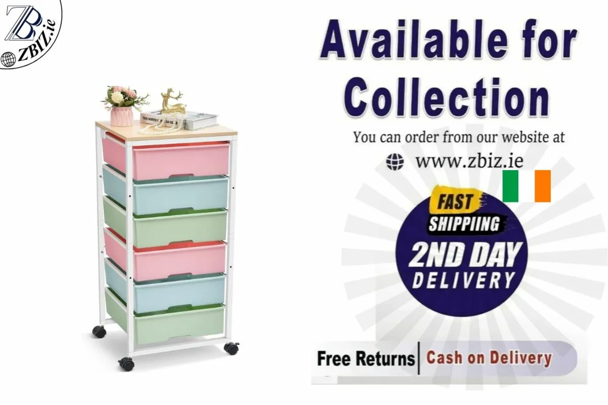 Rolling Storage Cart 6-Drawer with Wooden Tabletop - Image 1