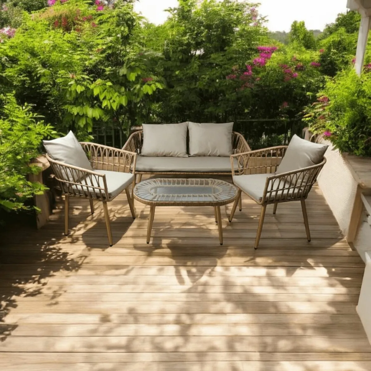 Rattan 4 Piece Garden Set with Cushions