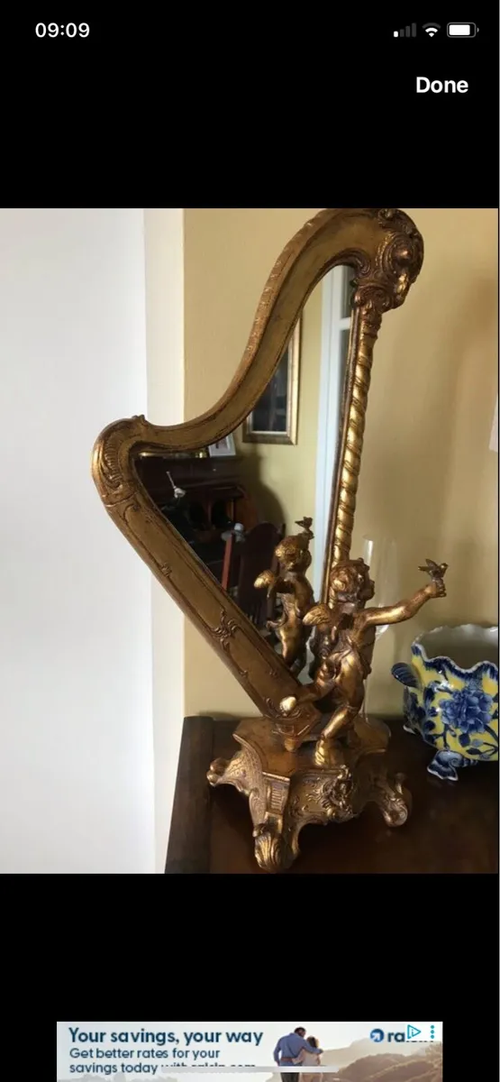 Antique Harp Shaped Tabletop Mirror - Image 2