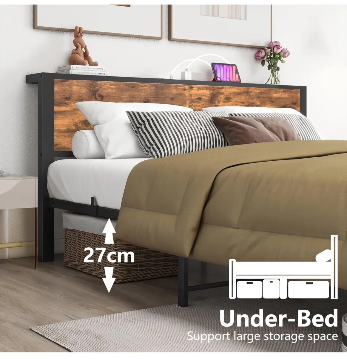 King Size Bed Frame with Wooden Storage Headboard - Image 4