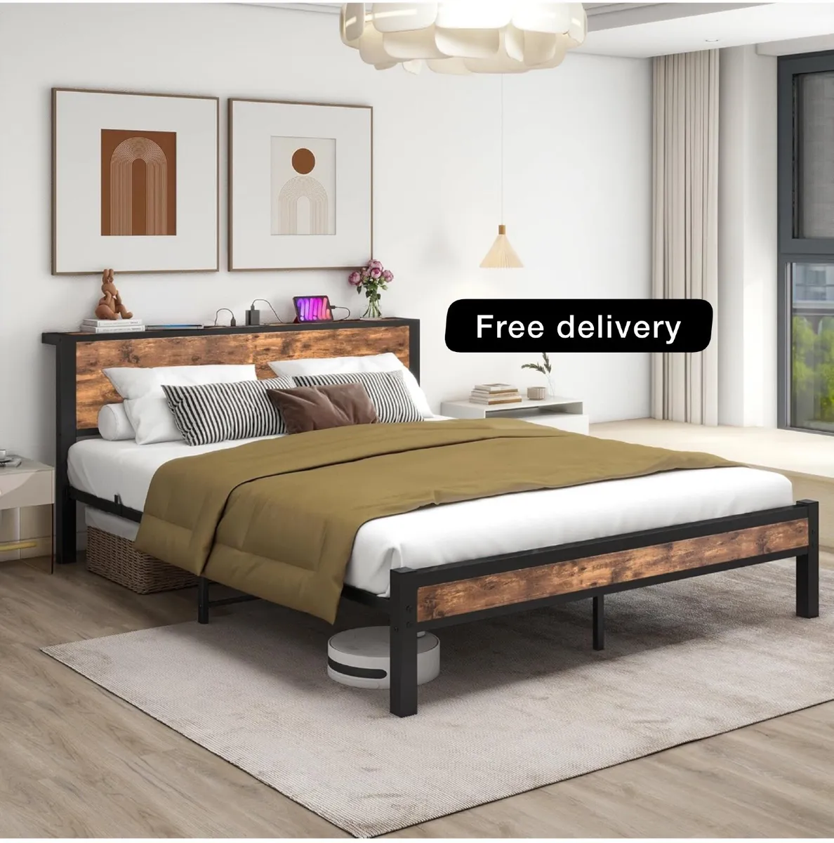 King Size Bed Frame with Wooden Storage Headboard - Image 1