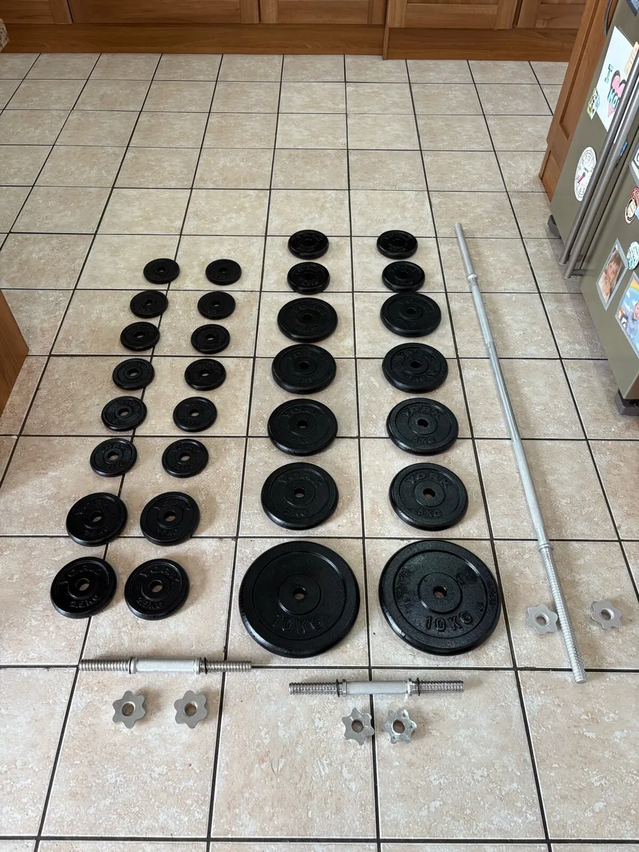 ALL METAL LARGE WEIGHTLIFTING PLATES AND BARS SET! - Image 1