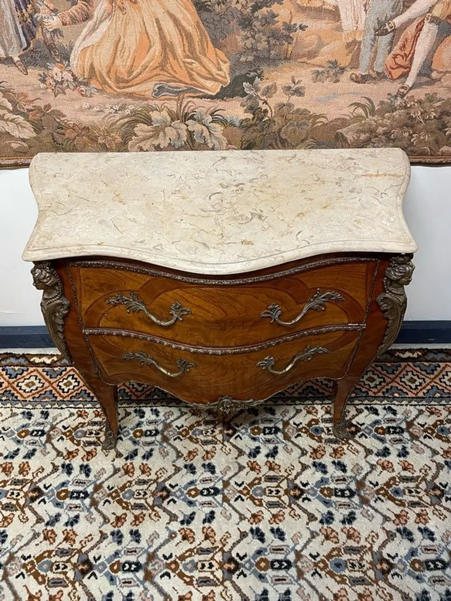 Fabulous Louis XV-Style Bombe Marquetry and Marble Top Bombe Chest of Drawers - Image 2