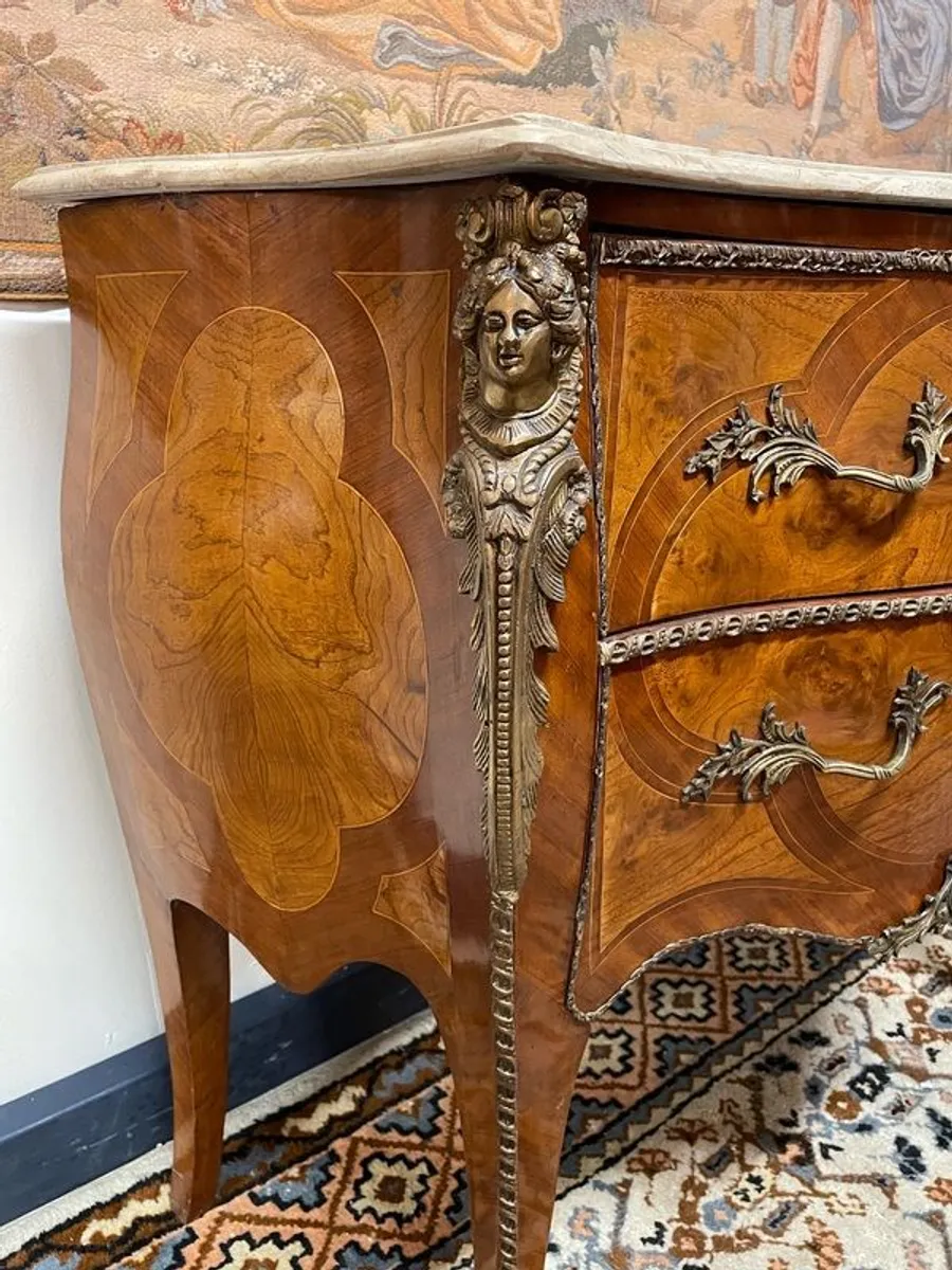 Fabulous Louis XV-Style Bombe Marquetry and Marble Top Bombe Chest of Drawers - Image 3
