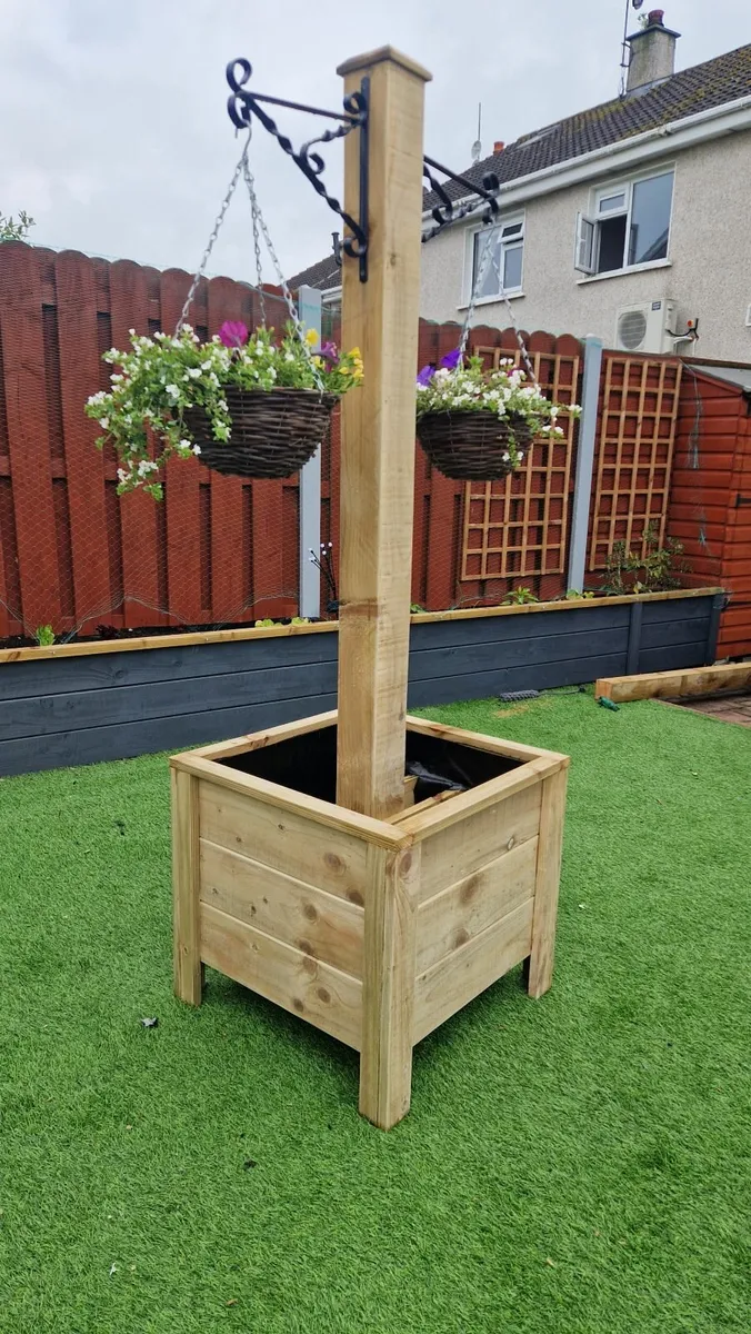 Wooden Planter with Hanging Basket Pole - Image 1