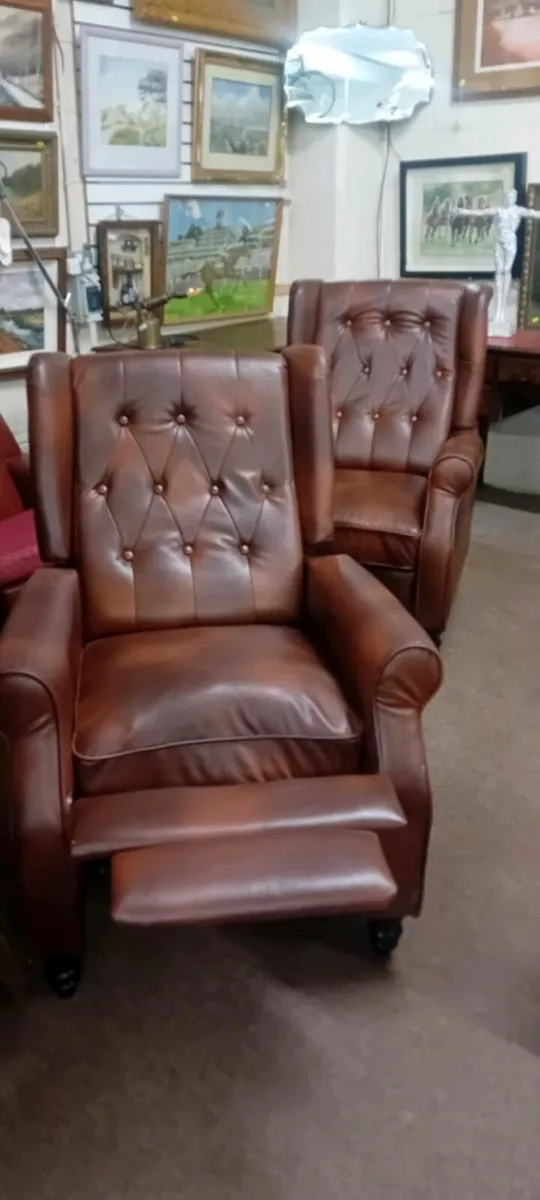 Pair Of Brown Faux Leather Recliner Chairs - Image 2