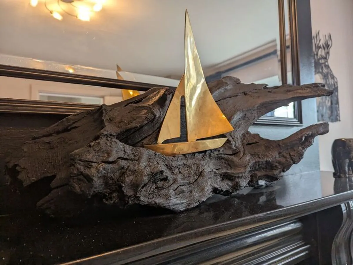 Bog Oak Brass Boat Sculpture - Image 1