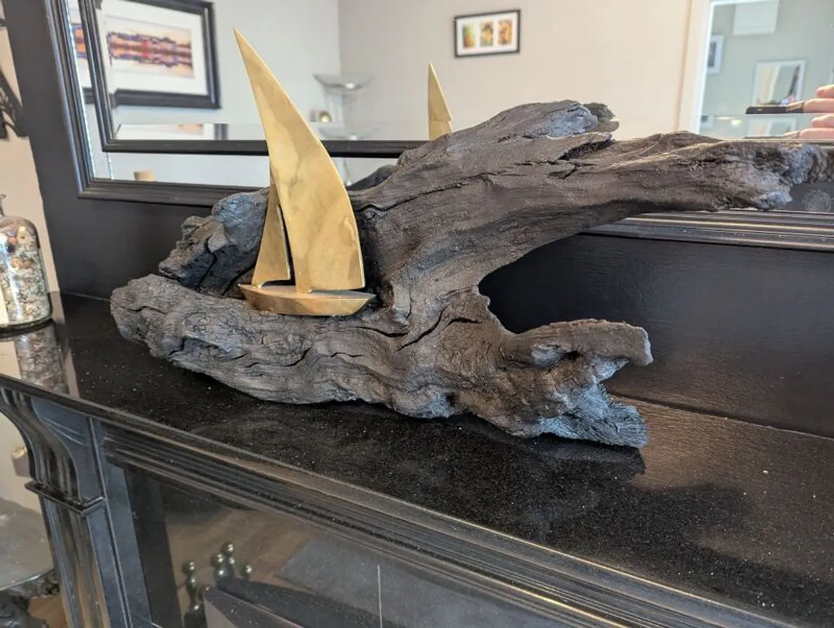 Bog Oak Brass Boat Sculpture - Image 2