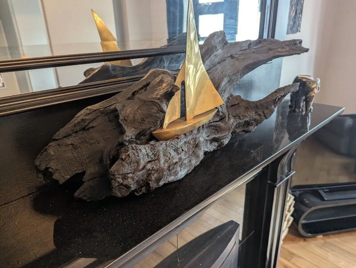 Bog Oak Brass Boat Sculpture - Image 3