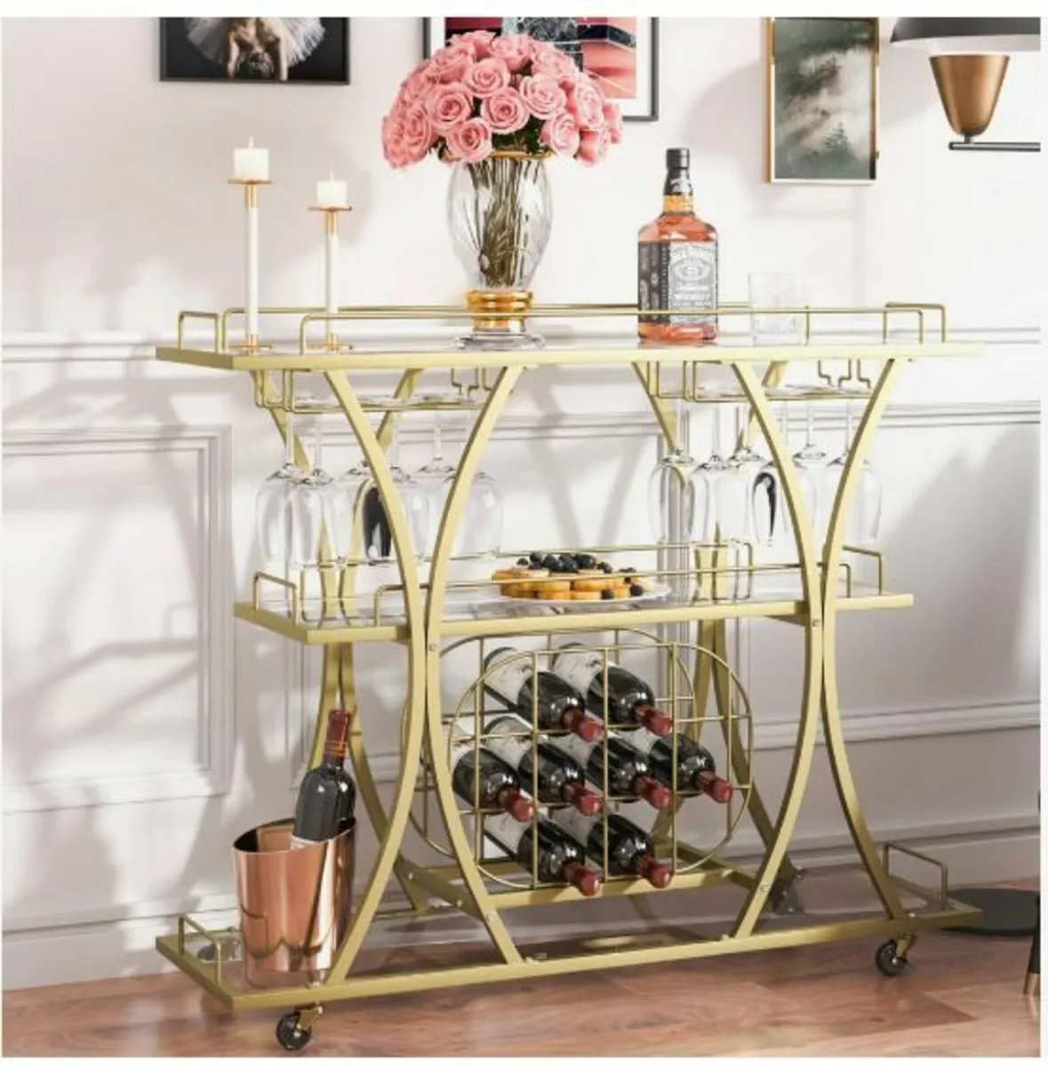 Bar Cart Gold, 3 Tiers Home Bar Serving - Image 1