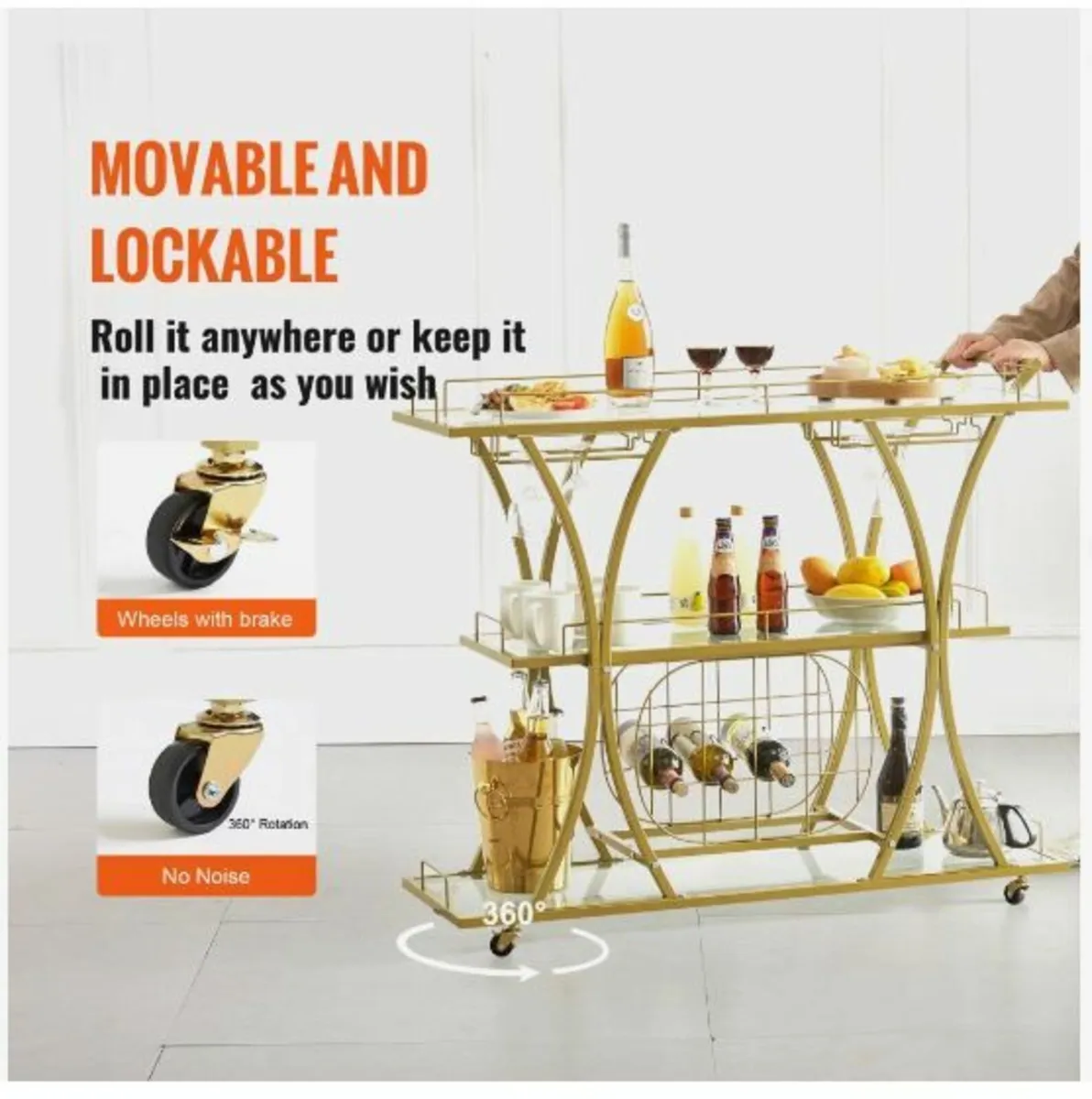 Bar Cart Gold, 3 Tiers Home Bar Serving - Image 3