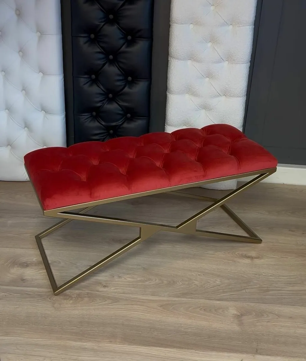 Metal-Framed Bench 100x40cm Gold Frame / Velour - Image 1