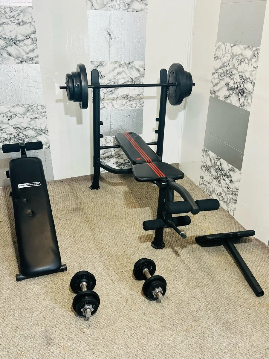 2 BENCHES 50 KG WEIGHTS BARBELL DUMBBELLS - Image 1