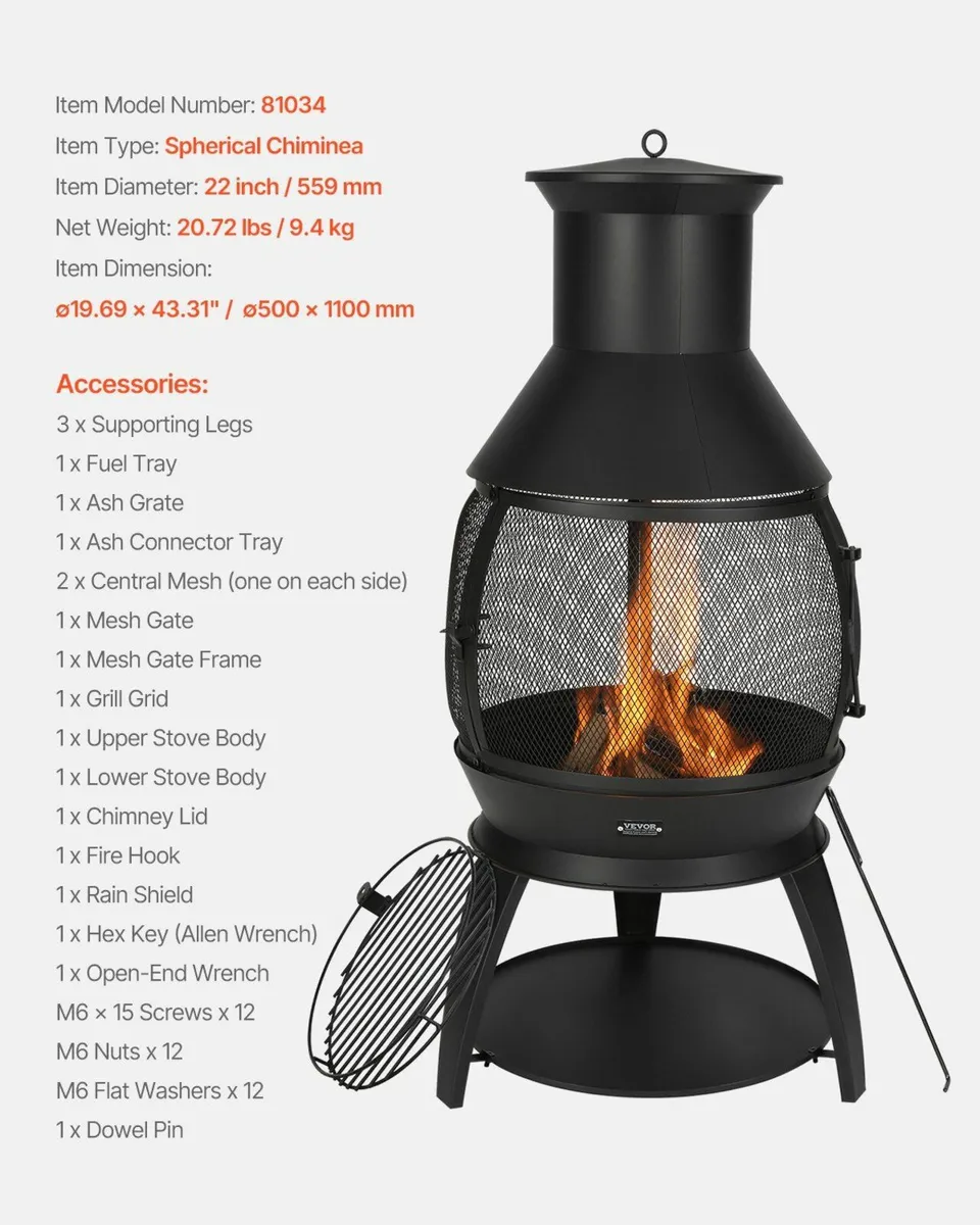 22 Inch Chiminea Outdoor Iron Fireplace with Grill - Image 3