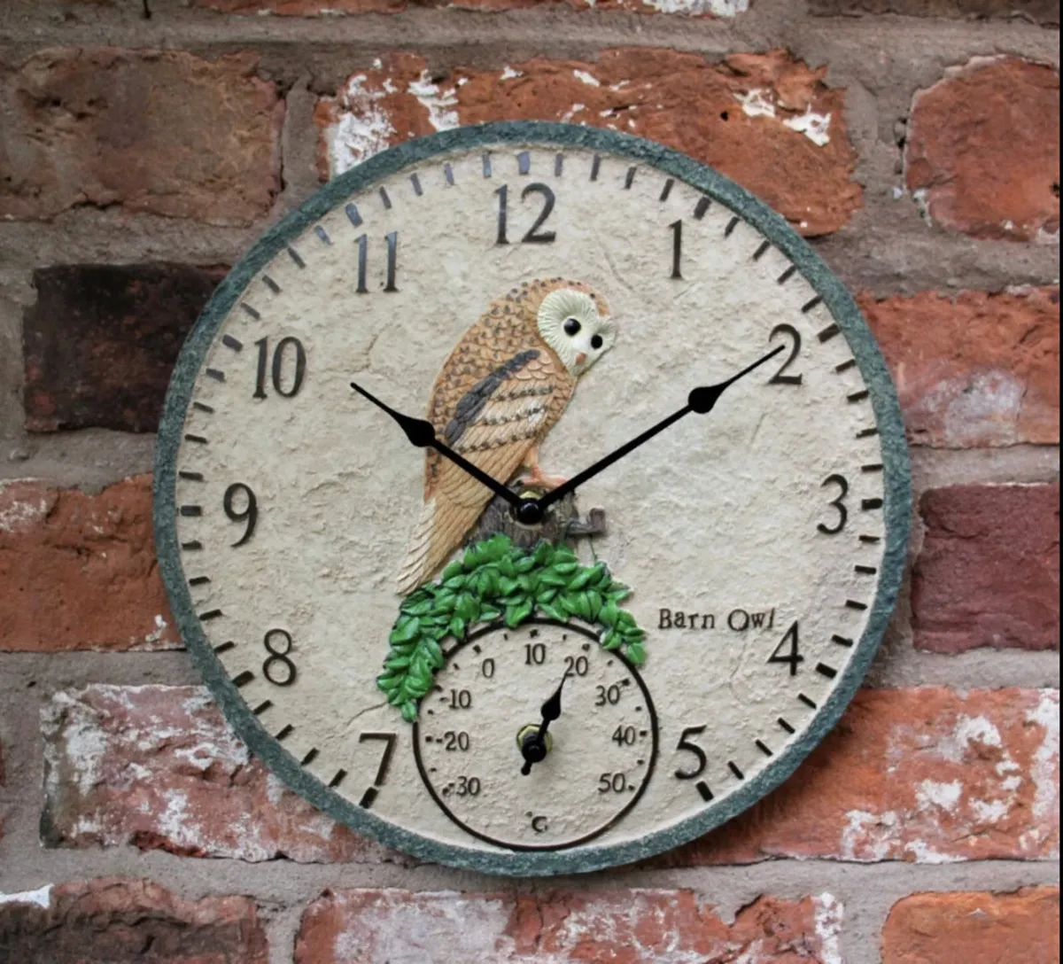 Garden Wall Outdoor Thermometer Clock Owl Design - Image 1
