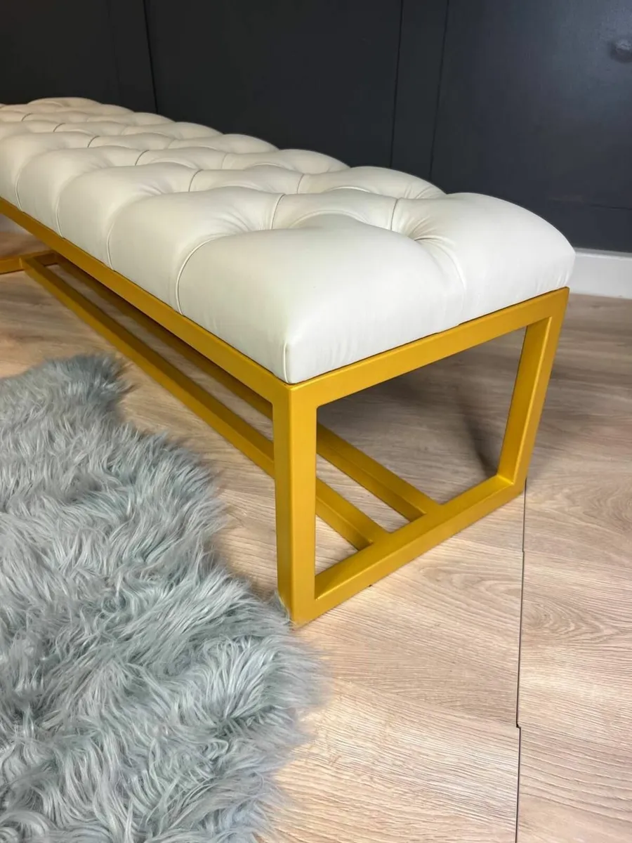 Metal-Framed Bench 140x40cm White Eco Leather - Image 2