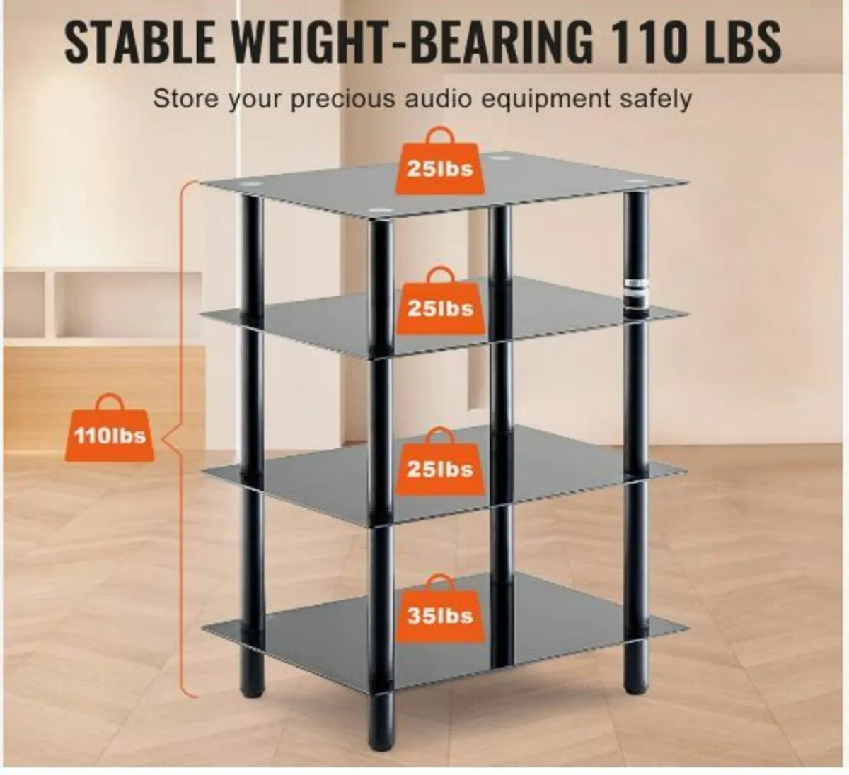 4-Tier AV Media Stand Strengthened Tempered Glass - Image 2
