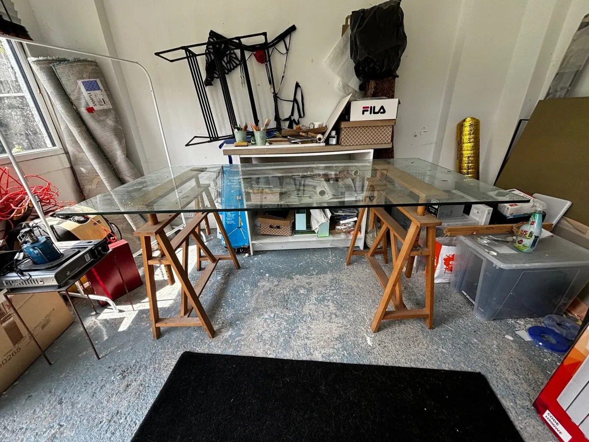 Glass top trestle table - Image 2